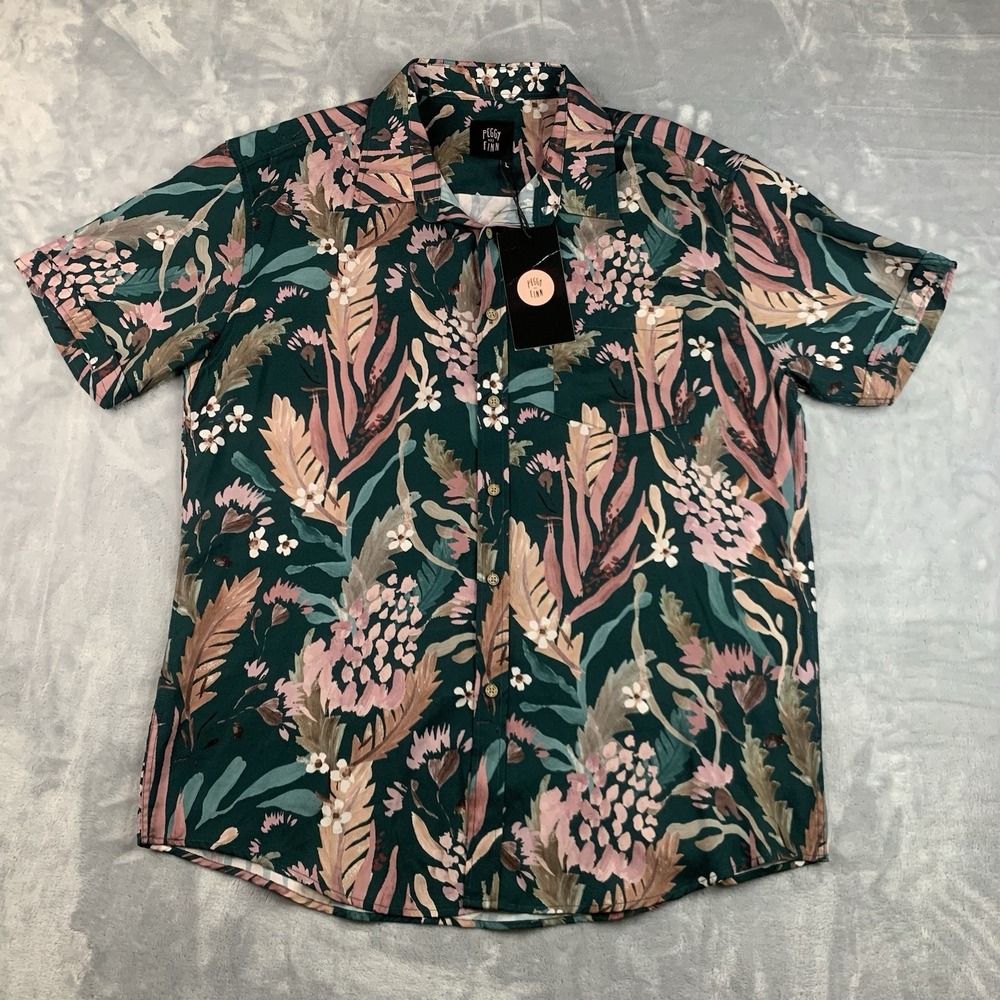 Peggy‎ & Finn Teal Blooms Mens Large Short Sleeve Shirt Floral Hawaiian